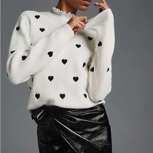 by Anthropologie Ruffled Collar Heart Embroidered Sweater White & Black, size M